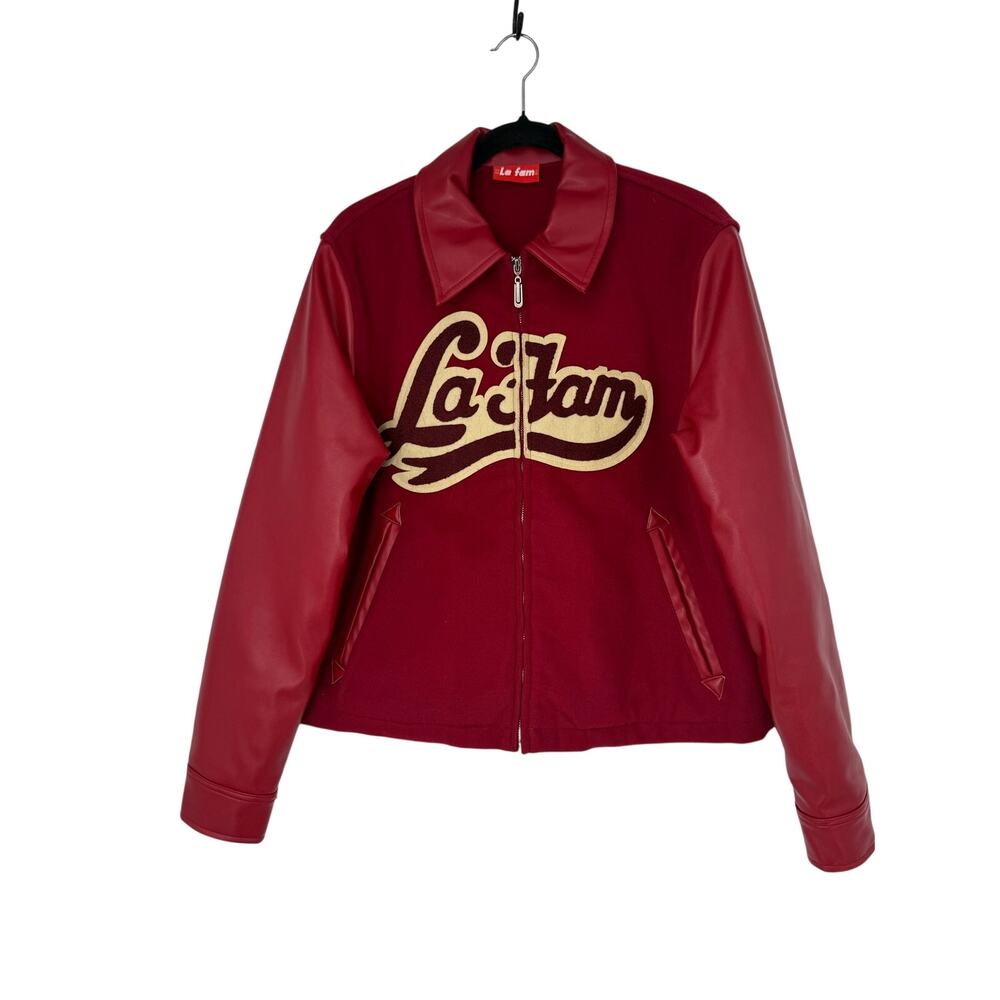 La Fam Varsity Jacket Size Small Red Chenille Logo Faux Leather Sleeve Quilted